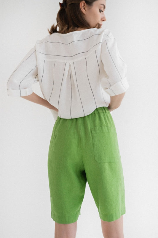 Foliage Green Linen Cumin Shorts