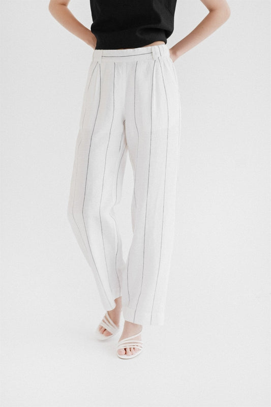 Milk White with Grey Stripe lino Willow kelnės — naturalusdrabuziai.lt