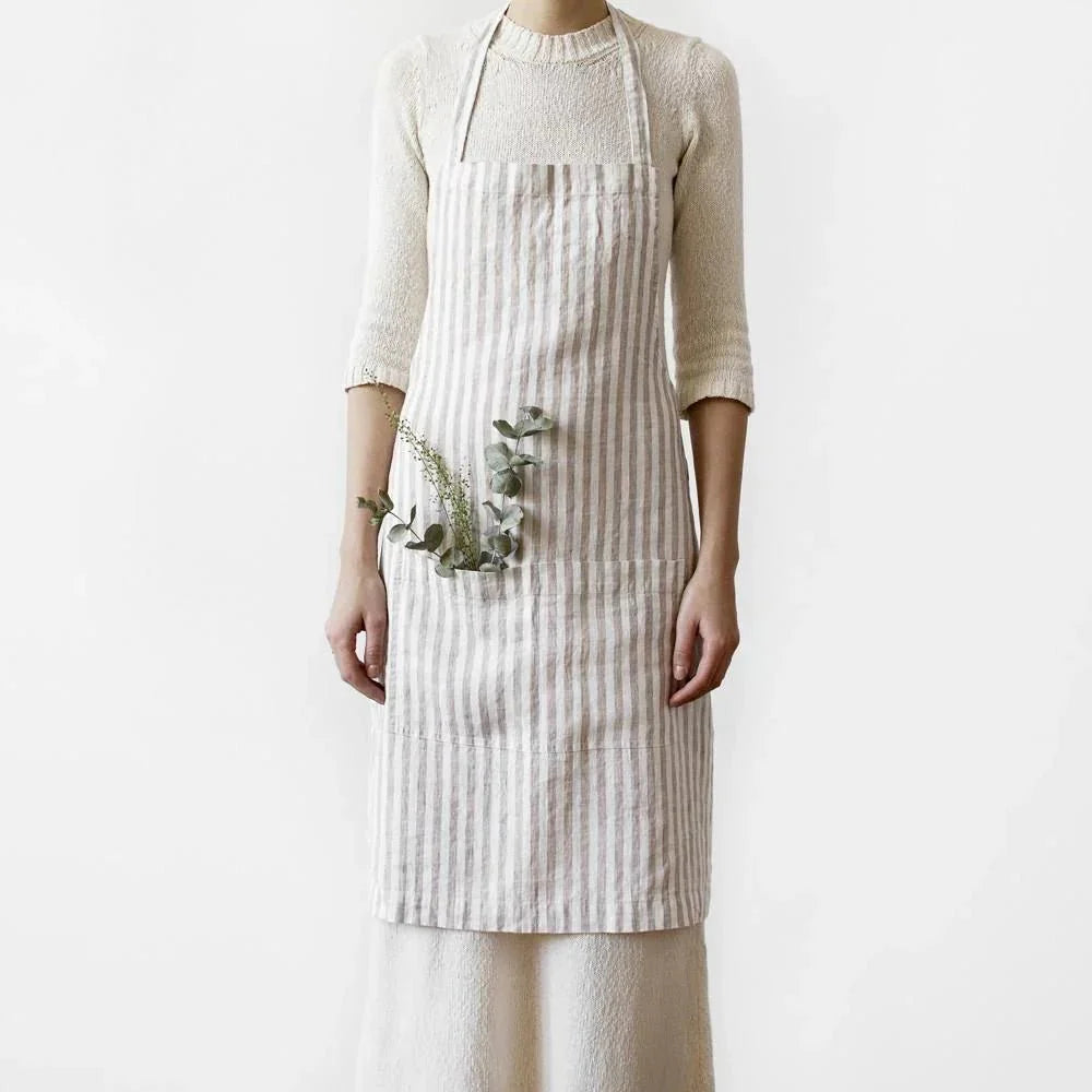 Natural White Stripes lino kasdienė prijuostė — naturalusdrabuziai.lt