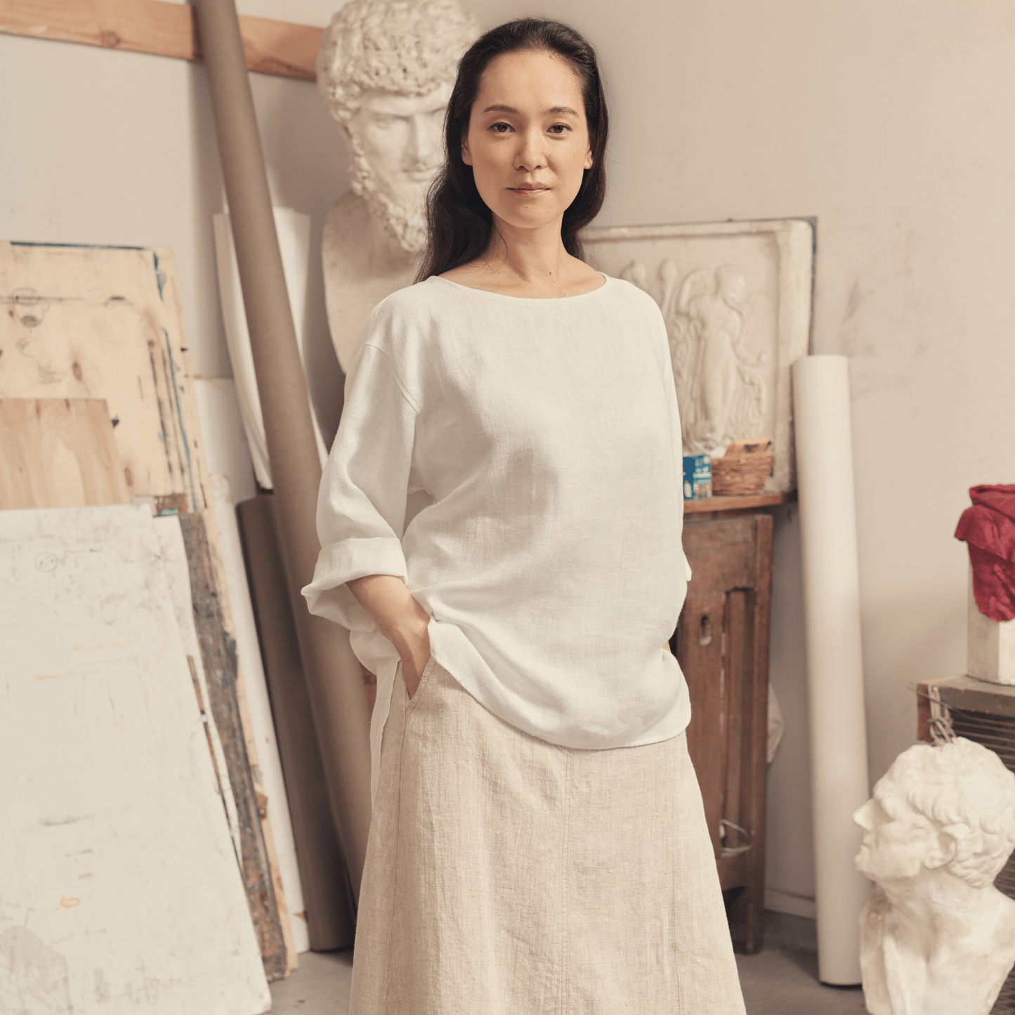 Optical White Linen Bilberry Top