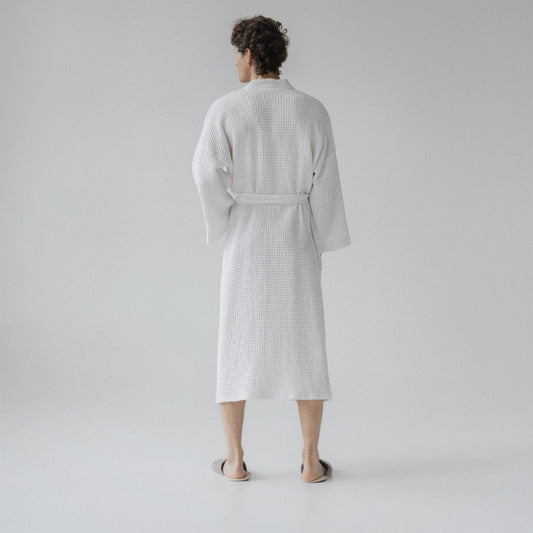 White lino & medvilnės Honeycomb Waffle chalatas — naturalusdrabuziai.lt