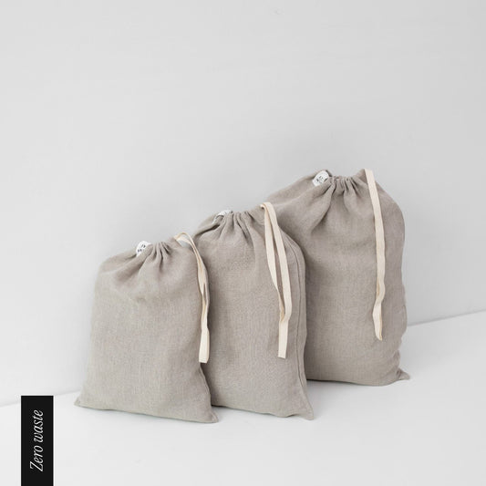 Zero Waste Natural lino Drawstring Bags rinkinys of 3 — naturalusdrabuziai.lt