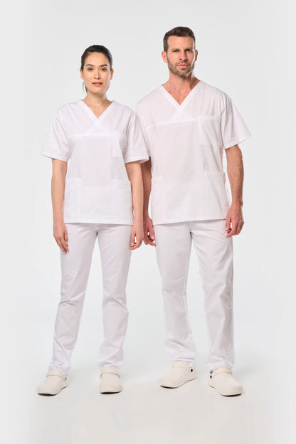 Unisex balti medvilniniai tvilo darbo drabužiai — naturalusdrabuziai.lt