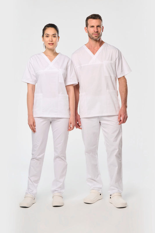 Unisex balti medvilniniai tvilo darbo drabužiai — naturalusdrabuziai.lt