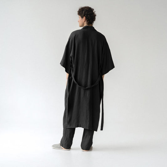 Black lino Summer chalatas — naturalusdrabuziai.lt