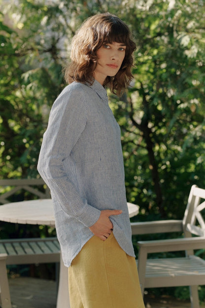 Blue White Stripes Linen Azalea Shirt