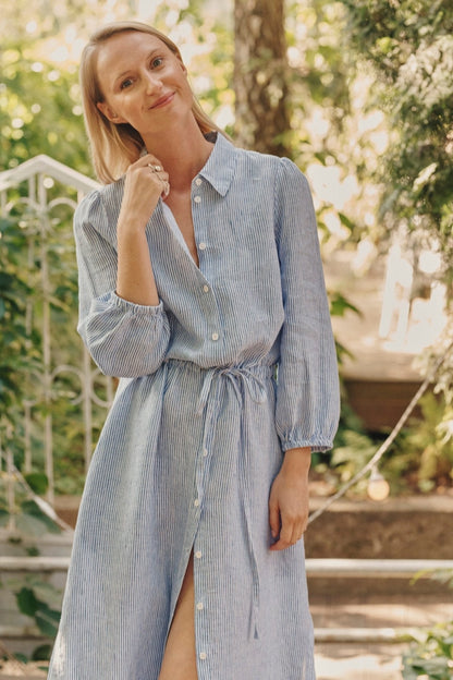 Blue White Stripes Linen Rhapsody Dress