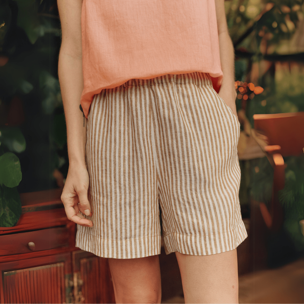Bronze White Stripes lino Hip-Hop šortai — naturalusdrabuziai.lt