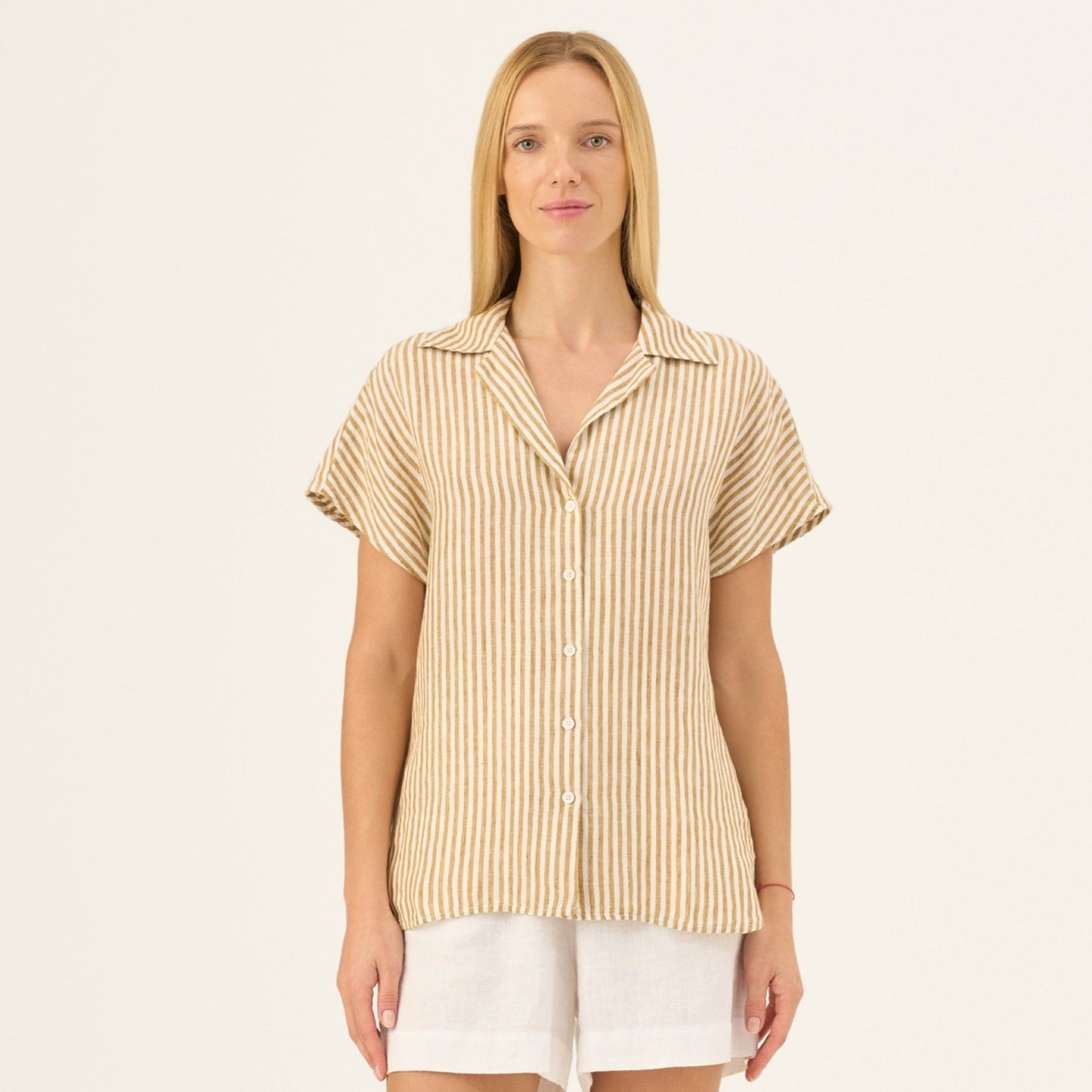 Bronze White Stripes lino Melody marškiniai — naturalusdrabuziai.lt