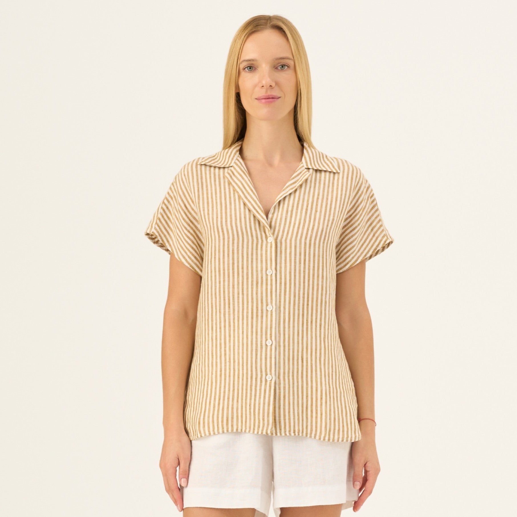 Bronze White Stripes lino Melody marškiniai — naturalusdrabuziai.lt