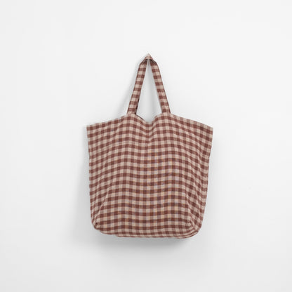 Chocolate Gingham lino didelis krepšys — naturalusdrabuziai.lt