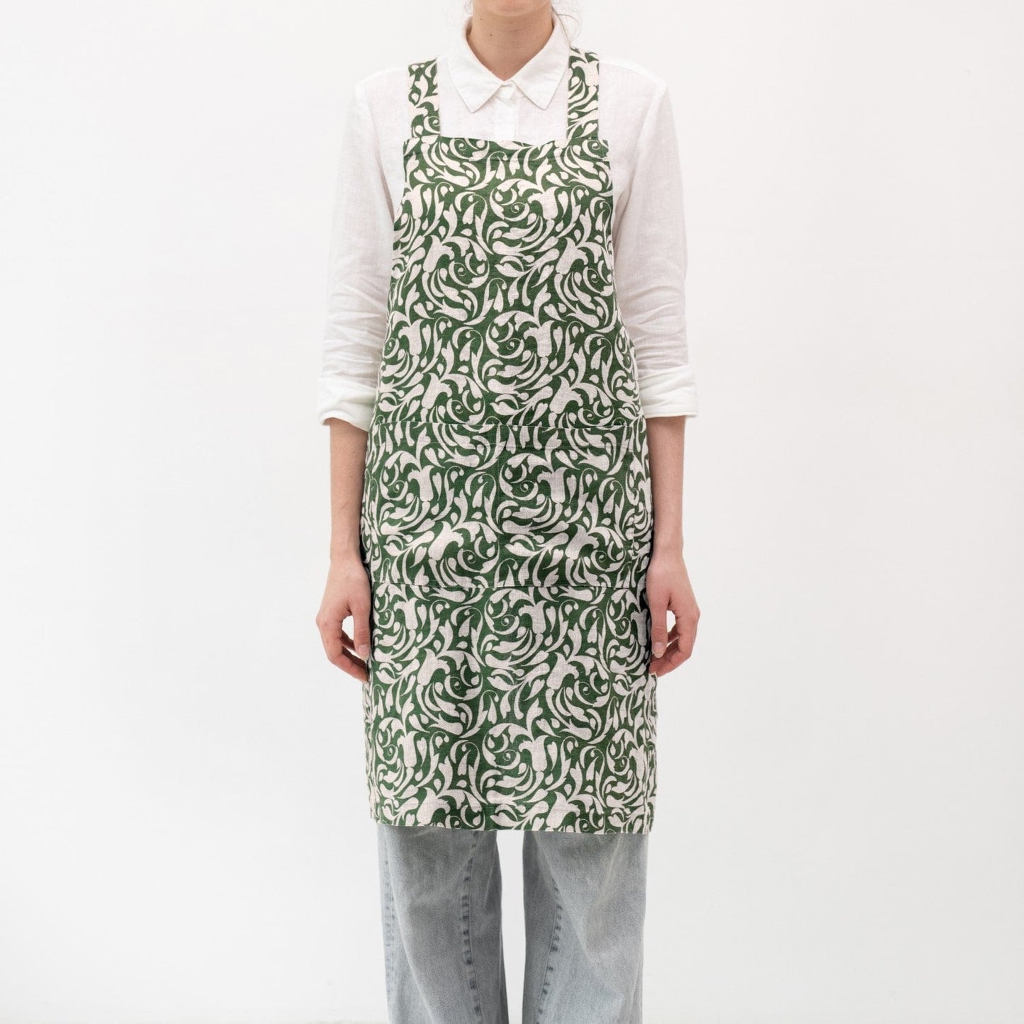 Evergreen Damask lino kryžminio tipo prijuostė — naturalusdrabuziai.lt
