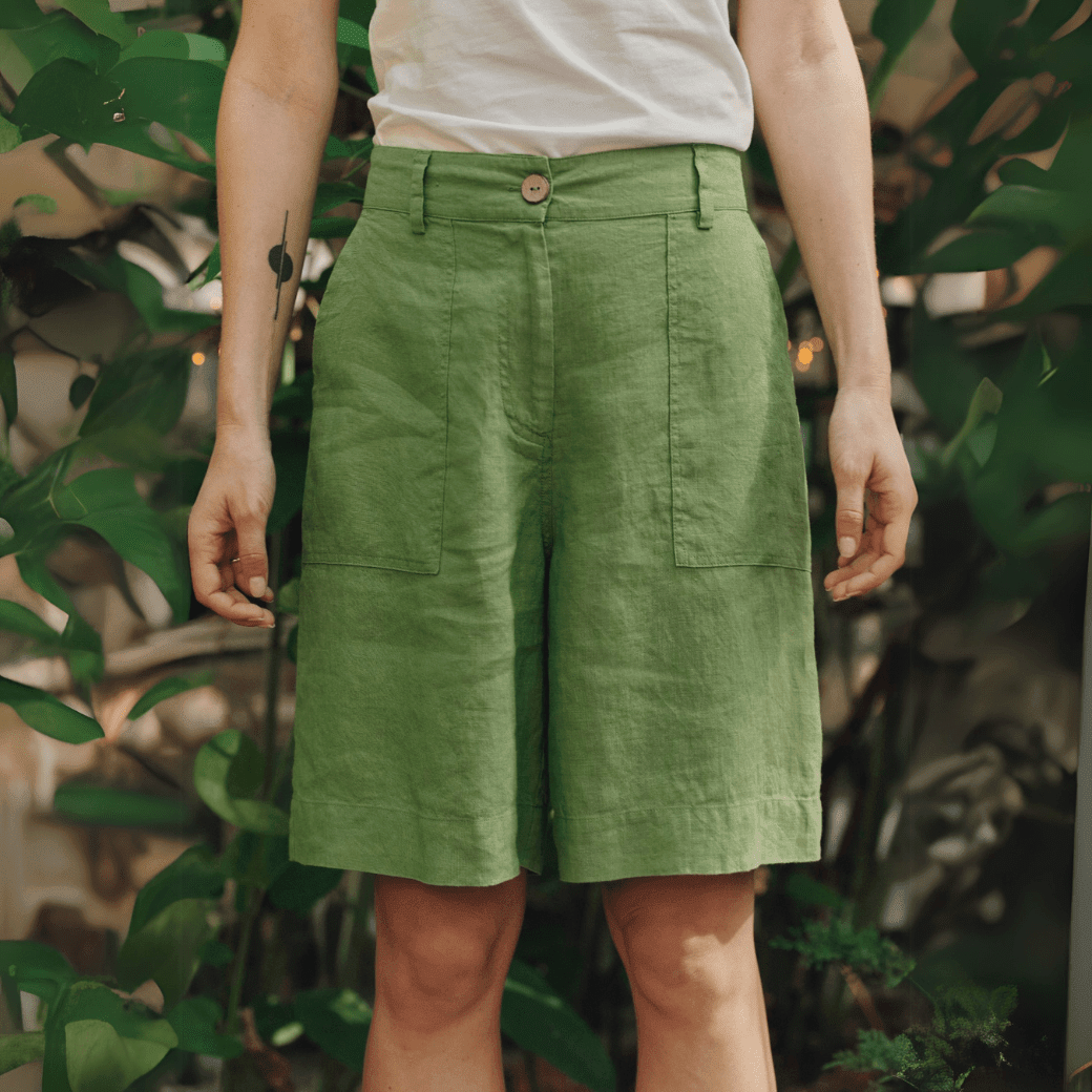 Foliage Green Linen Etude Shorts