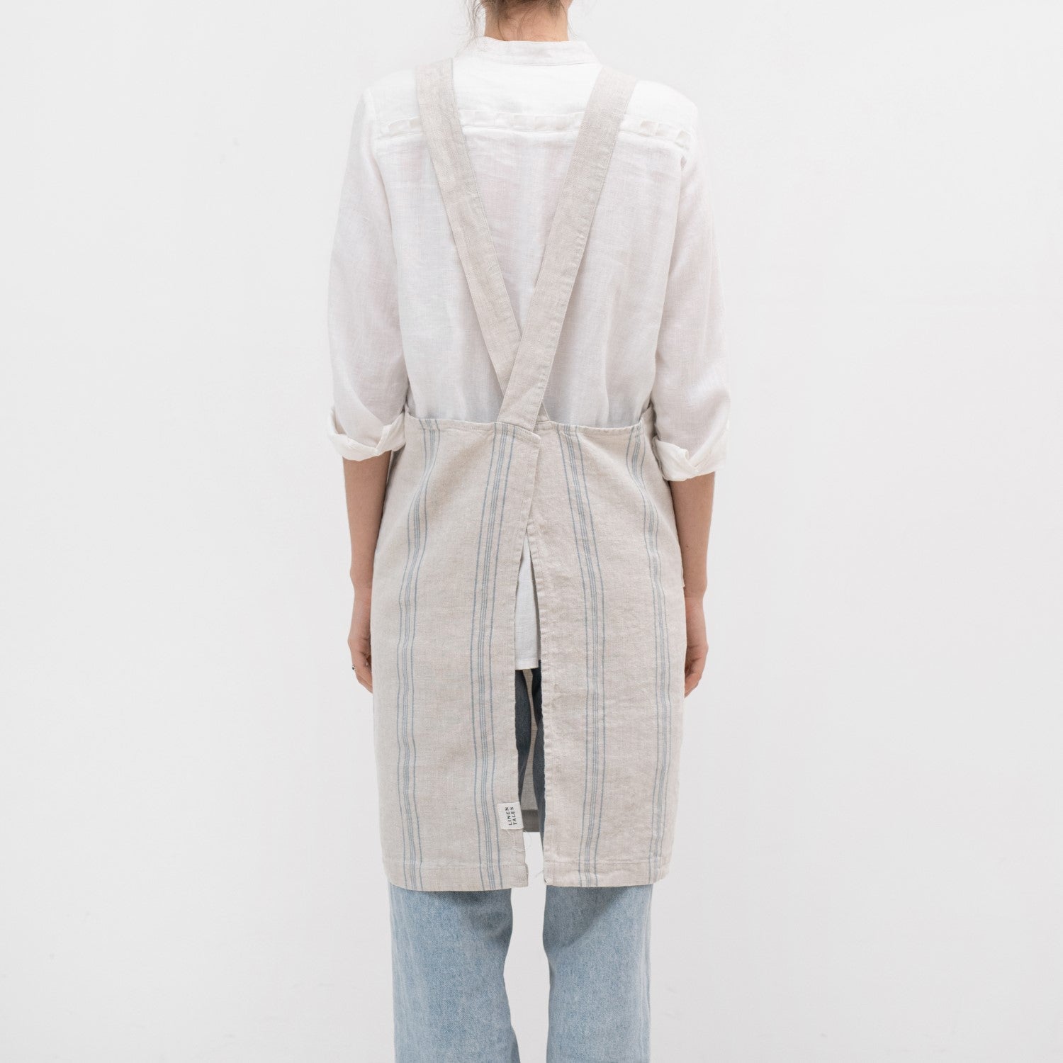 Grey Blue Wide Stripe Rustic lino kryžminio tipo prijuostė — naturalusdrabuziai.lt