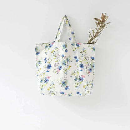 LIMITED EDITION White Flowers lino didelis krepšys — naturalusdrabuziai.lt