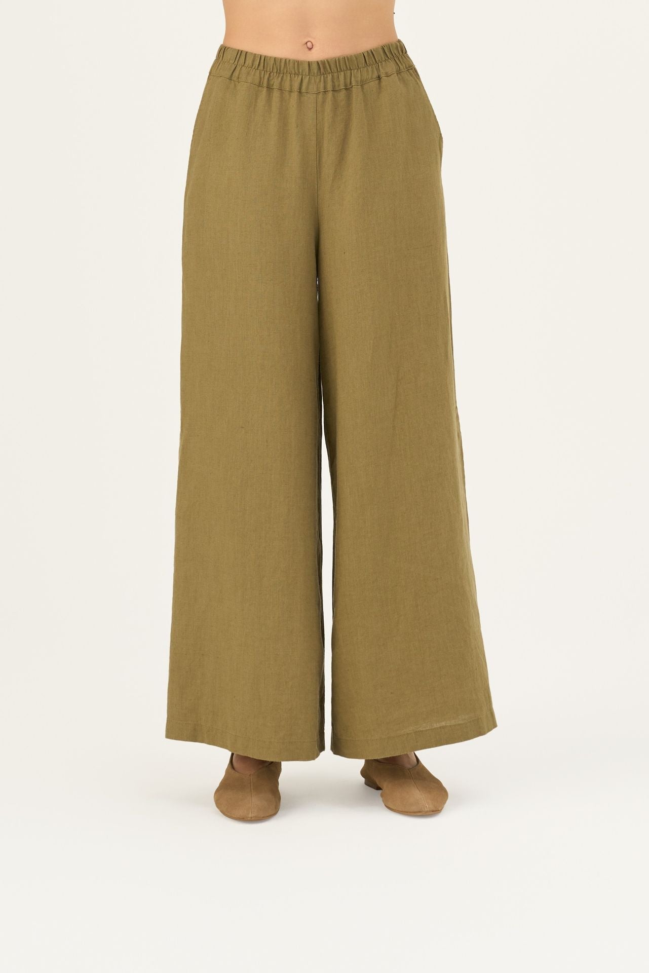 Olive Khaki lino Zayn kelnės — naturalusdrabuziai.lt