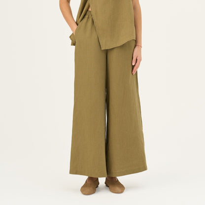 Olive Khaki lino Zayn kelnės — naturalusdrabuziai.lt