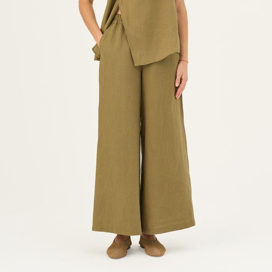 Olive Khaki lino Zayn kelnės — naturalusdrabuziai.lt