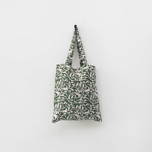 lino Tales Evergreen Damask on Light Natural lino pirkinių krepšys — naturalusdrabuziai.lt