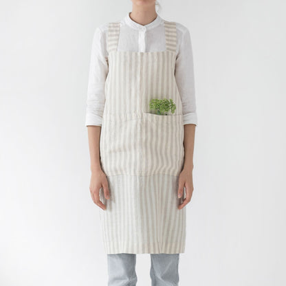 lino Tales Natural White Stripes lino Pinafore prijuostė — naturalusdrabuziai.lt