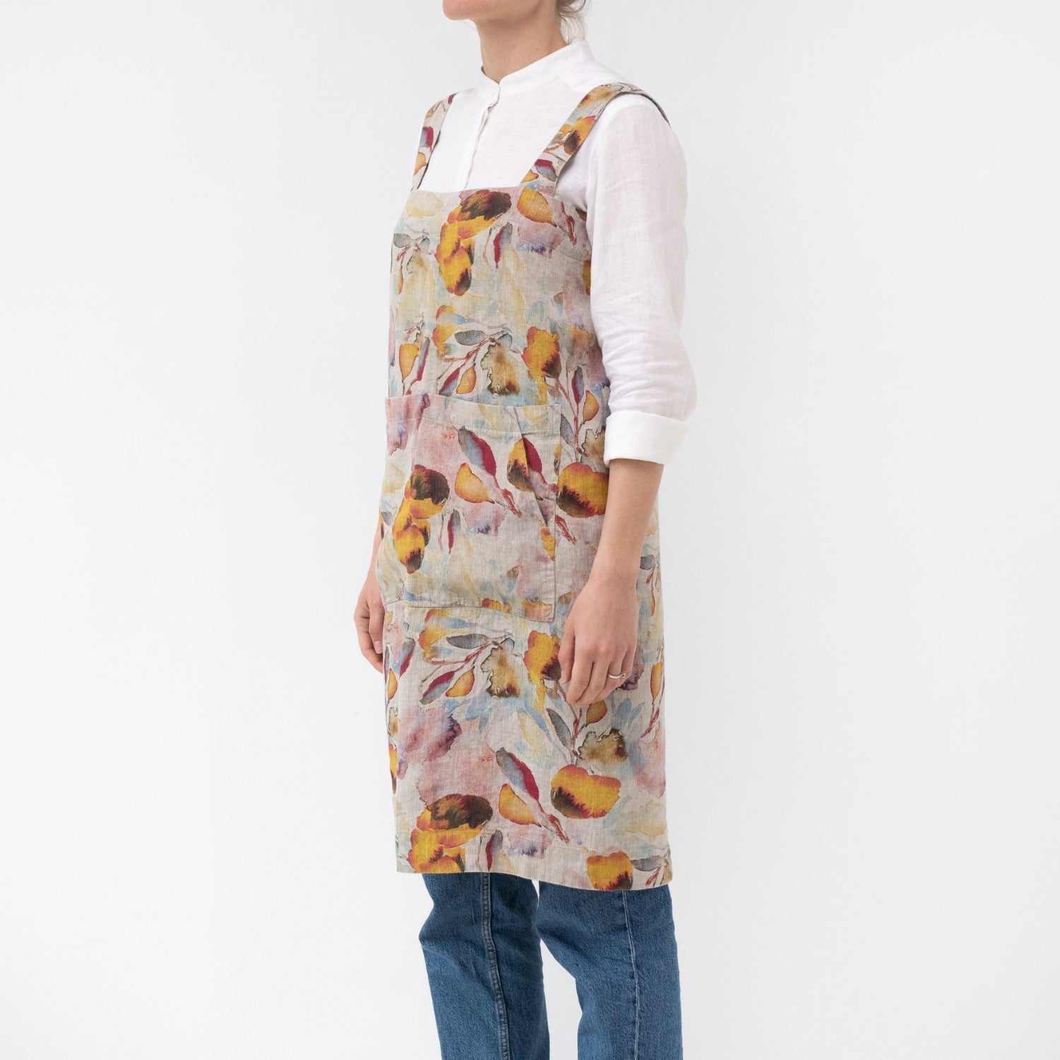 lino Tales Orange Flow on Light Natural lino Pinafore prijuostė — naturalusdrabuziai.lt