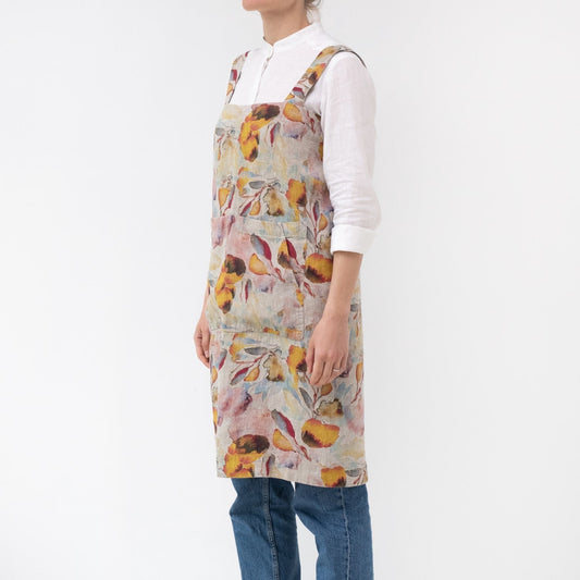 lino Tales Orange Flow on Light Natural lino Pinafore prijuostė — naturalusdrabuziai.lt