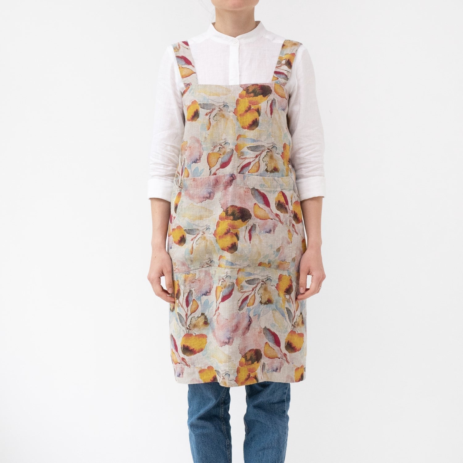 lino Tales Orange Flow on Light Natural lino Pinafore prijuostė — naturalusdrabuziai.lt