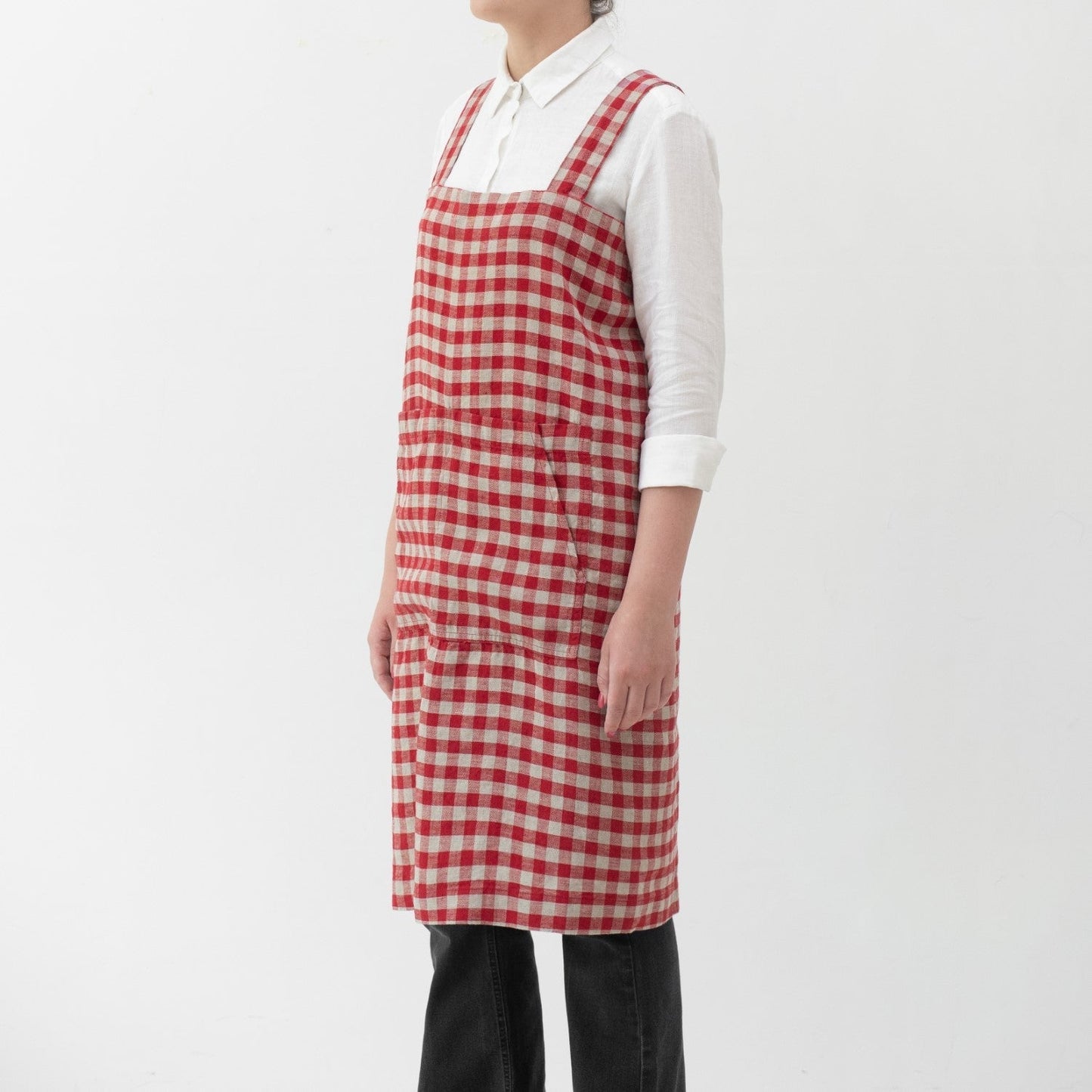 lino Tales Red Gingham lino Pinafore prijuostė — naturalusdrabuziai.lt