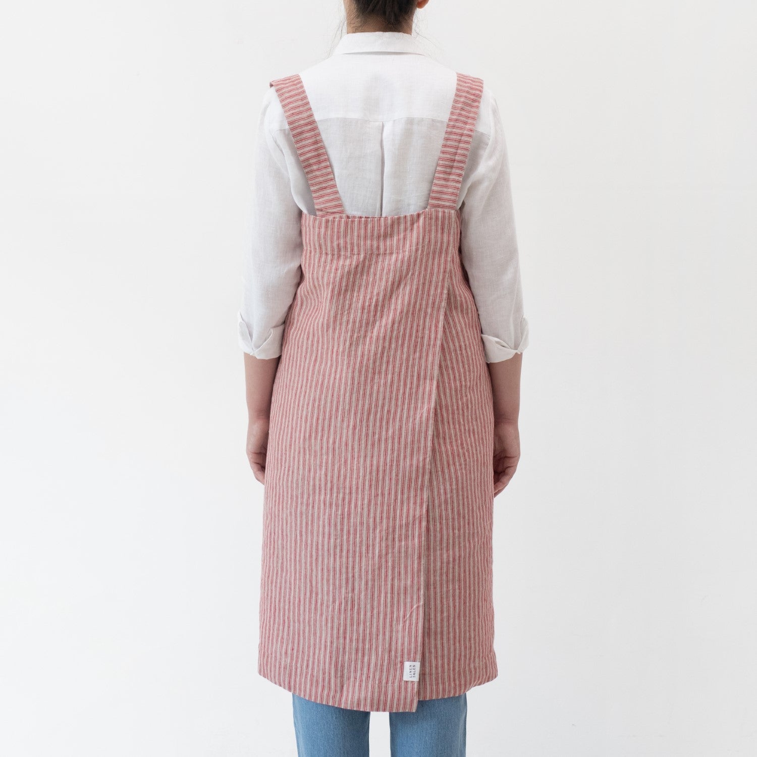 lino Tales Red Natural Stripes lino Pinafore prijuostė — naturalusdrabuziai.lt