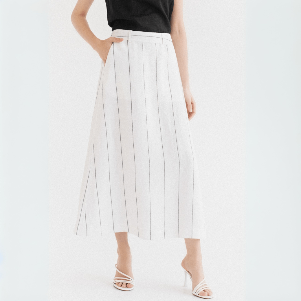 Milk White with Grey Stripe lino Jasmine sijonas — naturalusdrabuziai.lt