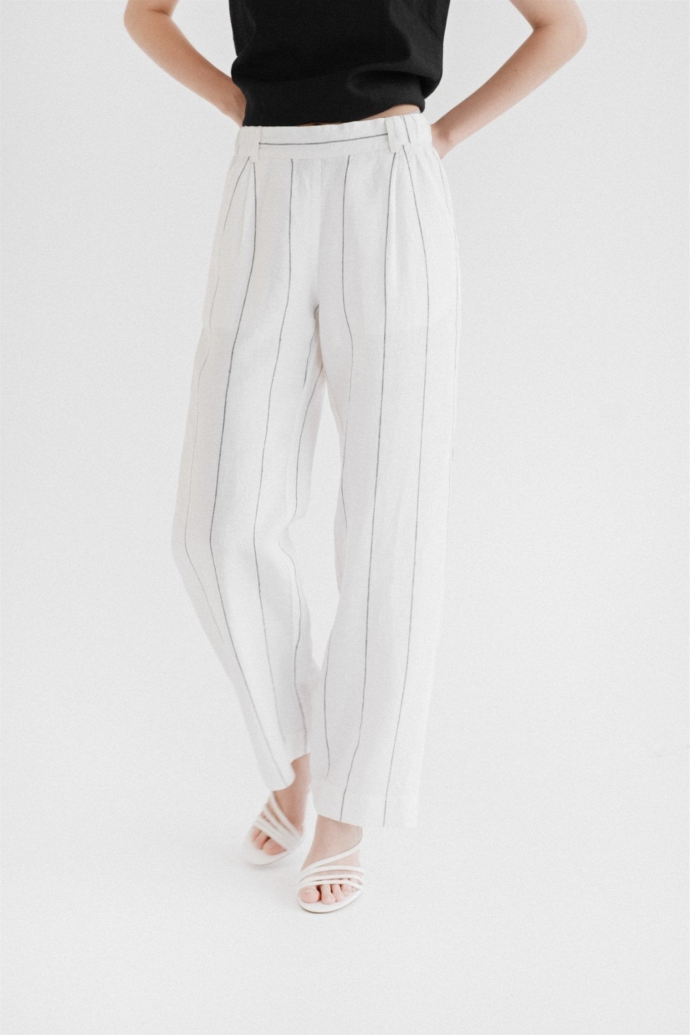 Milk White with Grey Stripe lino Willow kelnės — naturalusdrabuziai.lt