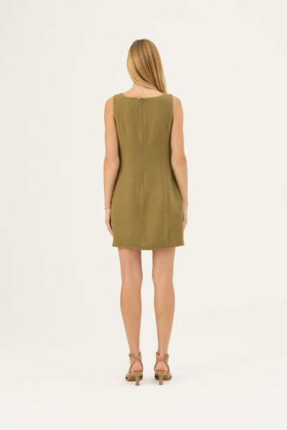 Olive Khaki lino Alba suknelė — naturalusdrabuziai.lt