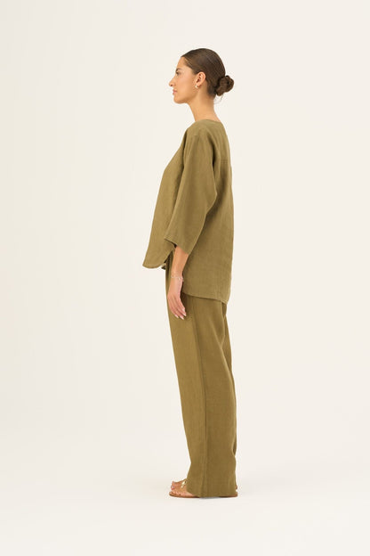 Olive Khaki lino Bilberry viršus — naturalusdrabuziai.lt
