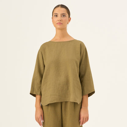 Olive Khaki lino Bilberry viršus — naturalusdrabuziai.lt
