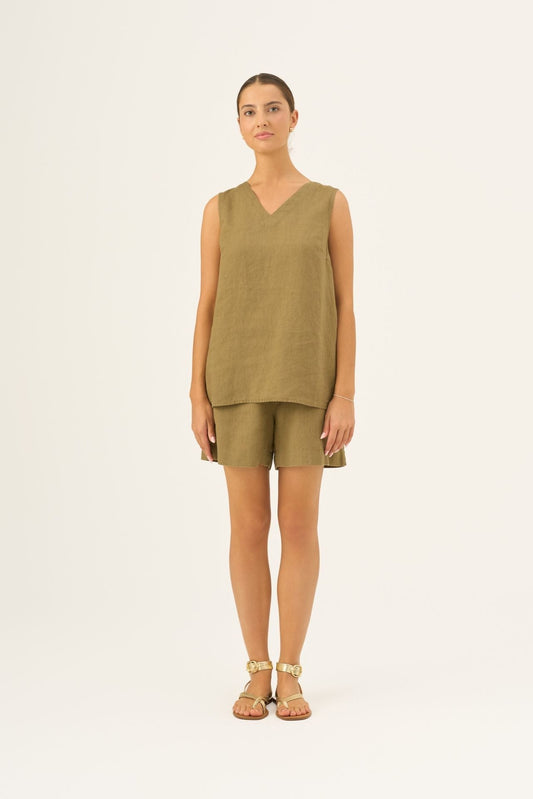 Olive Khaki lino Daffodil viršus — naturalusdrabuziai.lt