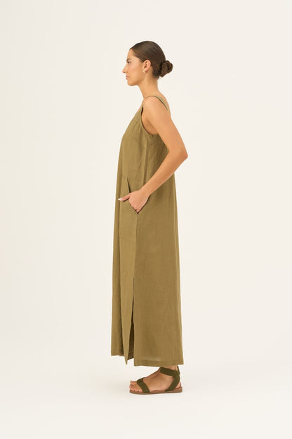 Olive Khaki lino Fugue suknelė — naturalusdrabuziai.lt