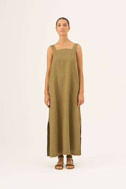 Olive Khaki lino Fugue suknelė — naturalusdrabuziai.lt