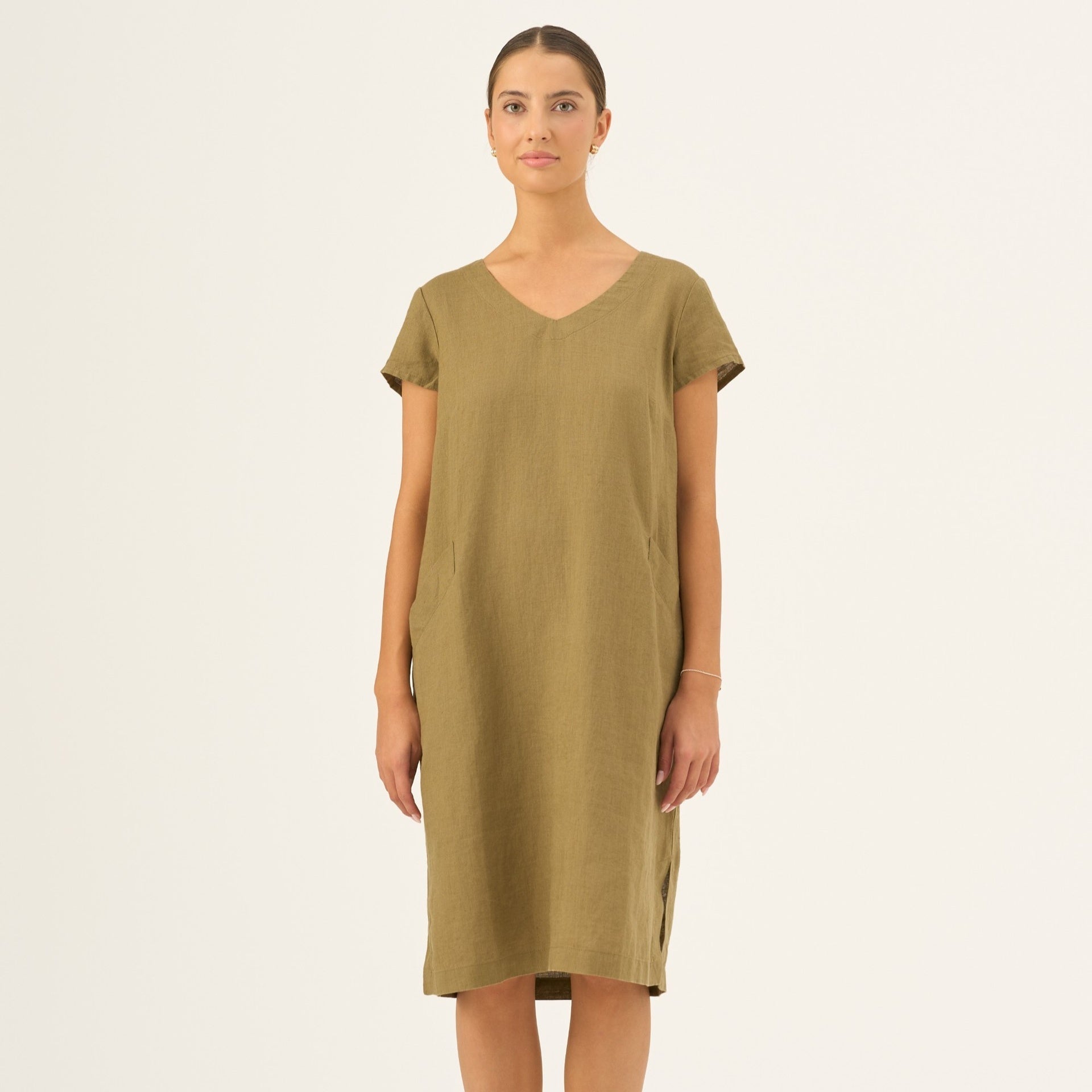Olive Khaki lino Goldenrod suknelė — naturalusdrabuziai.lt