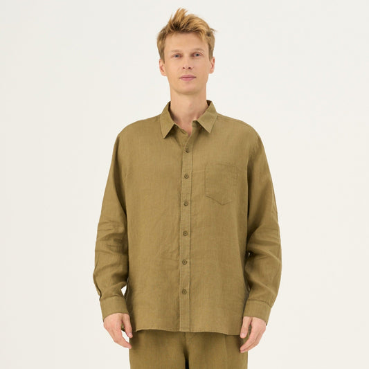 Olive Khaki lino Larch marškiniai — naturalusdrabuziai.lt