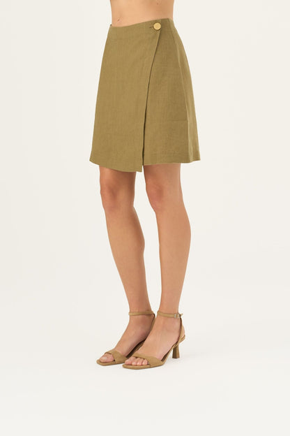 Olive Khaki lino Lumen sijonas — naturalusdrabuziai.lt