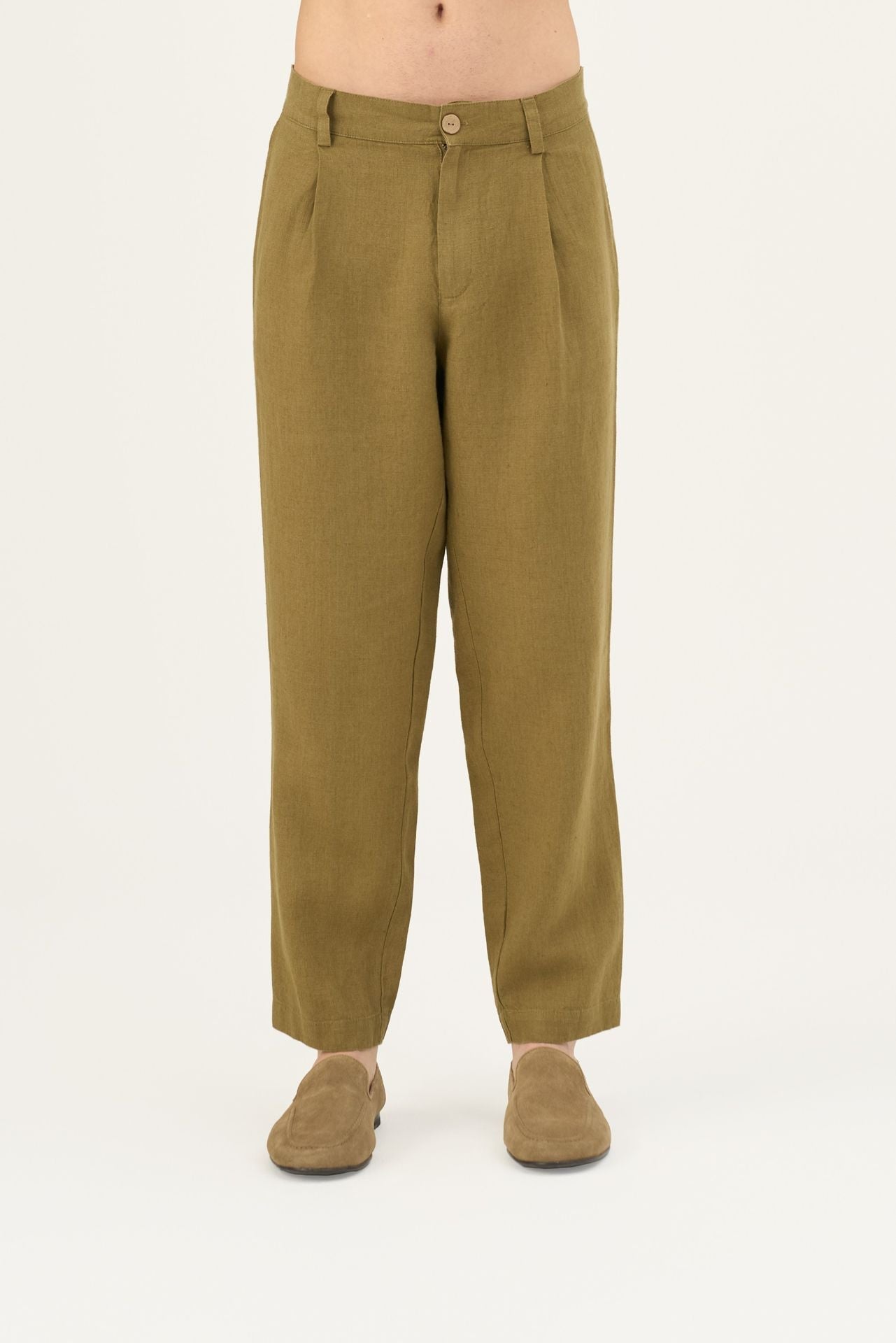 Olive Khaki lino Magnus kelnės — naturalusdrabuziai.lt