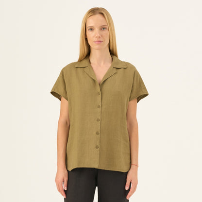 Olive Khaki lino Melody marškiniai — naturalusdrabuziai.lt