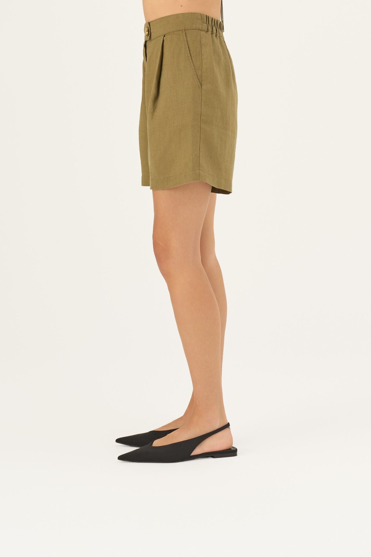 Olive Khaki lino Mirabilis šortai — naturalusdrabuziai.lt