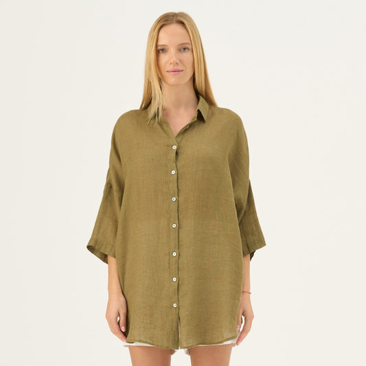 Olive Khaki lino Oregano marškiniai — naturalusdrabuziai.lt