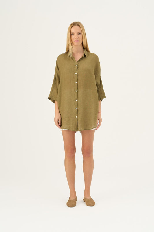 Olive Khaki lino Oregano marškiniai — naturalusdrabuziai.lt