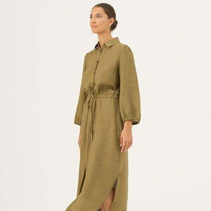 Olive Khaki lino Rhapsody suknelė — naturalusdrabuziai.lt