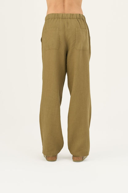 Olive Khaki lino Sensus kelnės — naturalusdrabuziai.lt