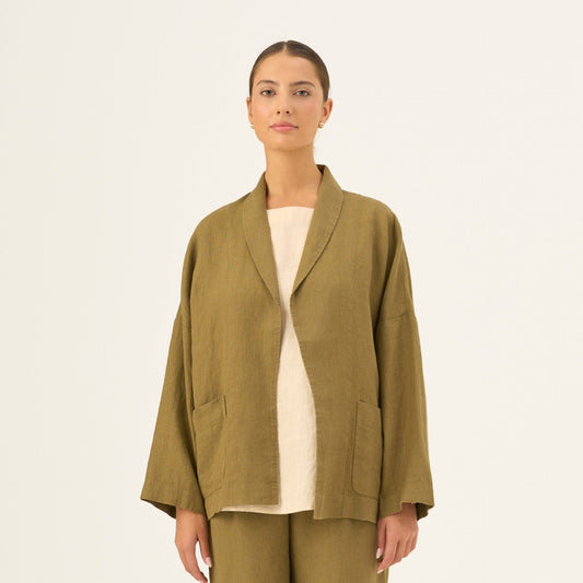 Olive Khaki lino Sonata švarkas — naturalusdrabuziai.lt
