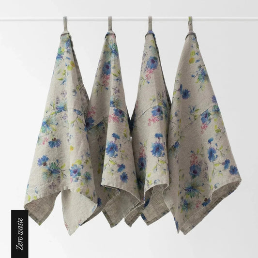 Zero Waste Flowers on Natural lino virtuvinė servetės rinkinys 4 vnt. — naturalusdrabuziai.lt