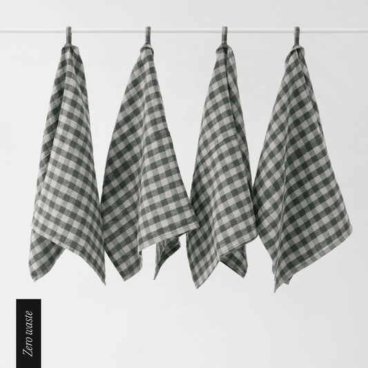 Zero Waste Forest Green Gingham lino virtuvinė servetės rinkinys 4 vnt. — naturalusdrabuziai.lt